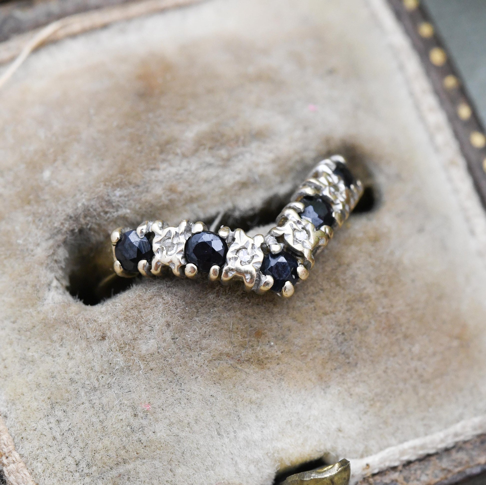 Vintage 9ct Gold Sapphire and Diamond Half Eternity Ring - Alternate Blue White Gem Stacking Ring | UK Size - I 1/2 | US Size - 4 1/2