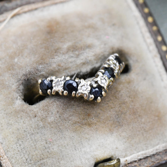 Vintage 9ct Gold Sapphire and Diamond Half Eternity Ring - Alternate Blue White Gem Stacking Ring | UK Size - I 1/2 | US Size - 4 1/2