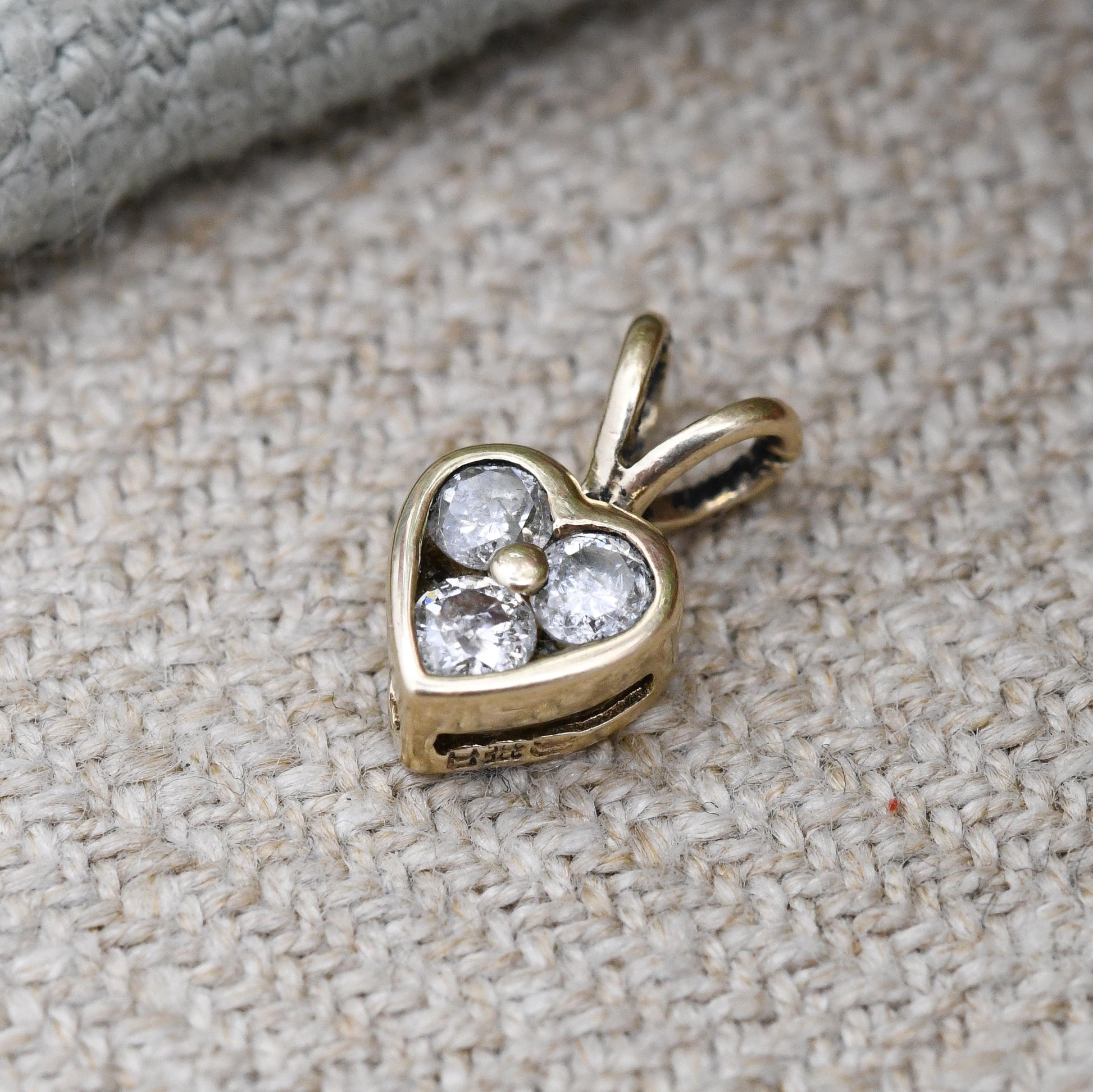 Vintage 9ct Gold Diamond Heart Pendant 0.2ct - Three Diamonds | Solid Gold Minimalist Gift for Her