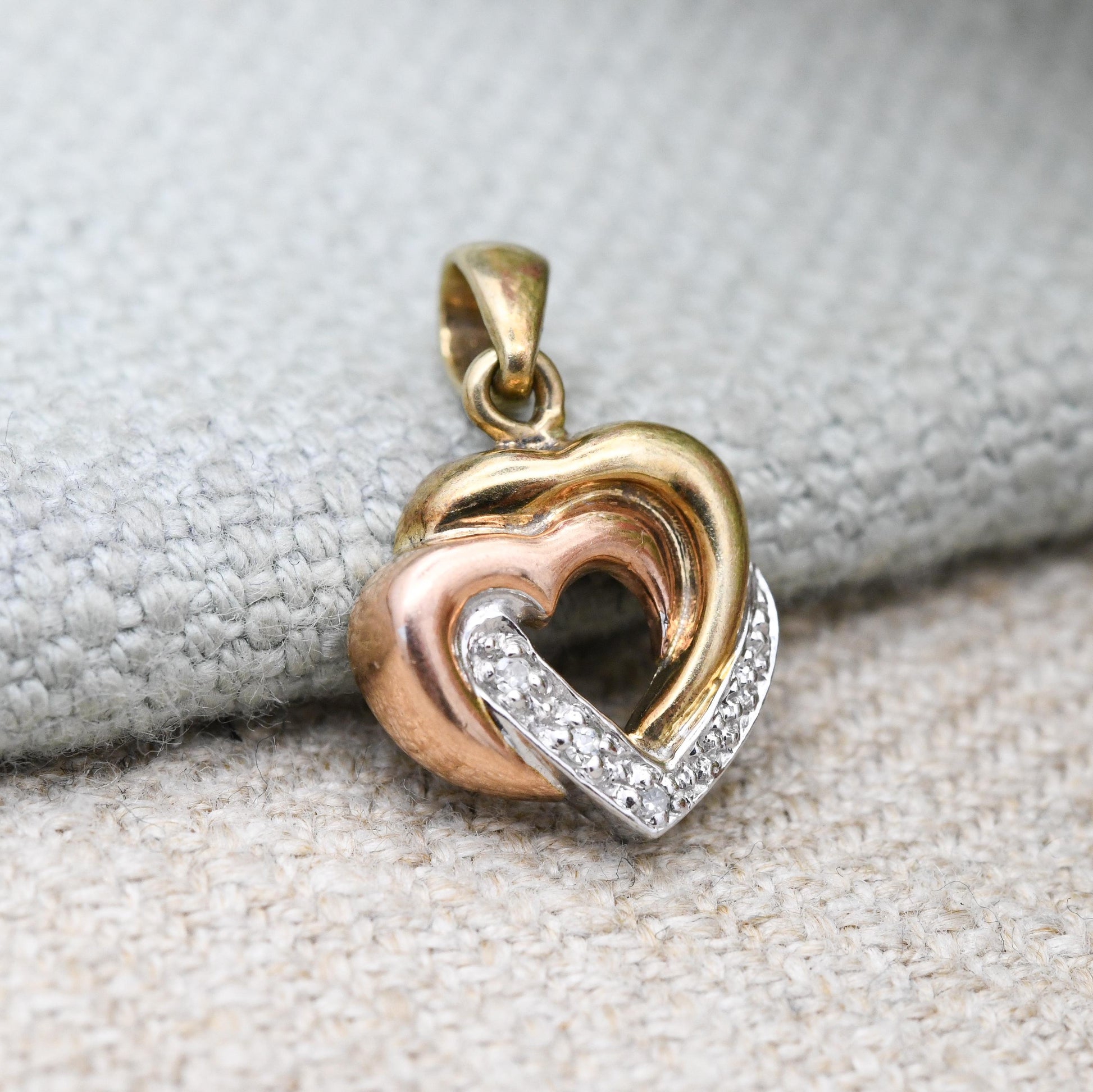 Vintage 9ct Gold Heart Pendant with Diamonds - Interlocked Love Heart Charm Gift for Her Necklace Stack | Yellow and Rose Gold