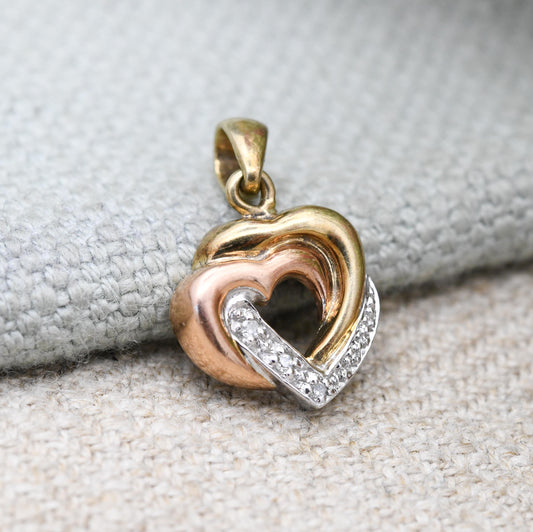 Vintage 9ct Gold Heart Pendant with Diamonds - Interlocked Love Heart Charm Gift for Her Necklace Stack | Yellow and Rose Gold