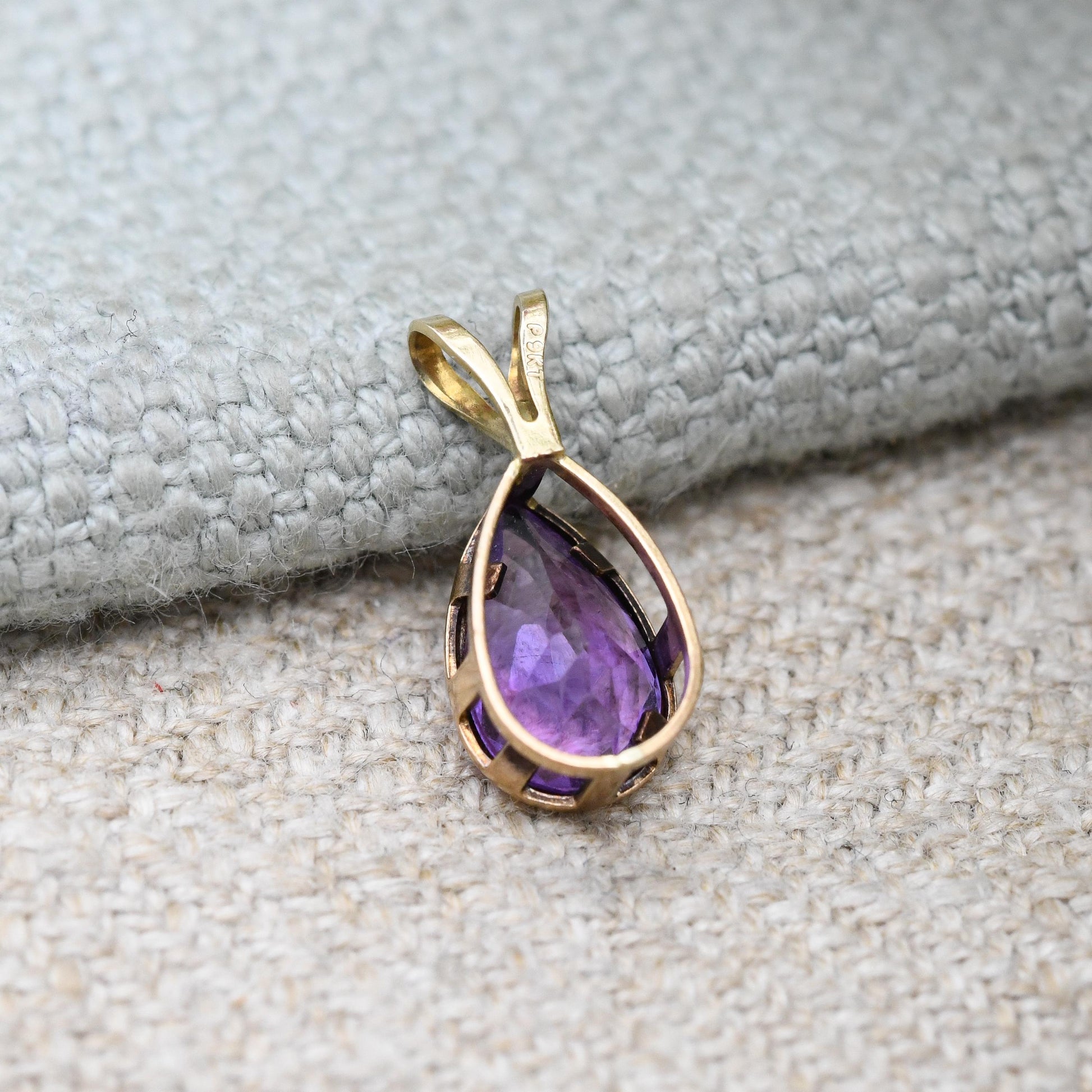 Vintage 9ct Gold Amethyst Pendant - Teardrop Shape Pretty Gold Charm Gift for Her | Mid-Century Dramatic | Large Purple Stone