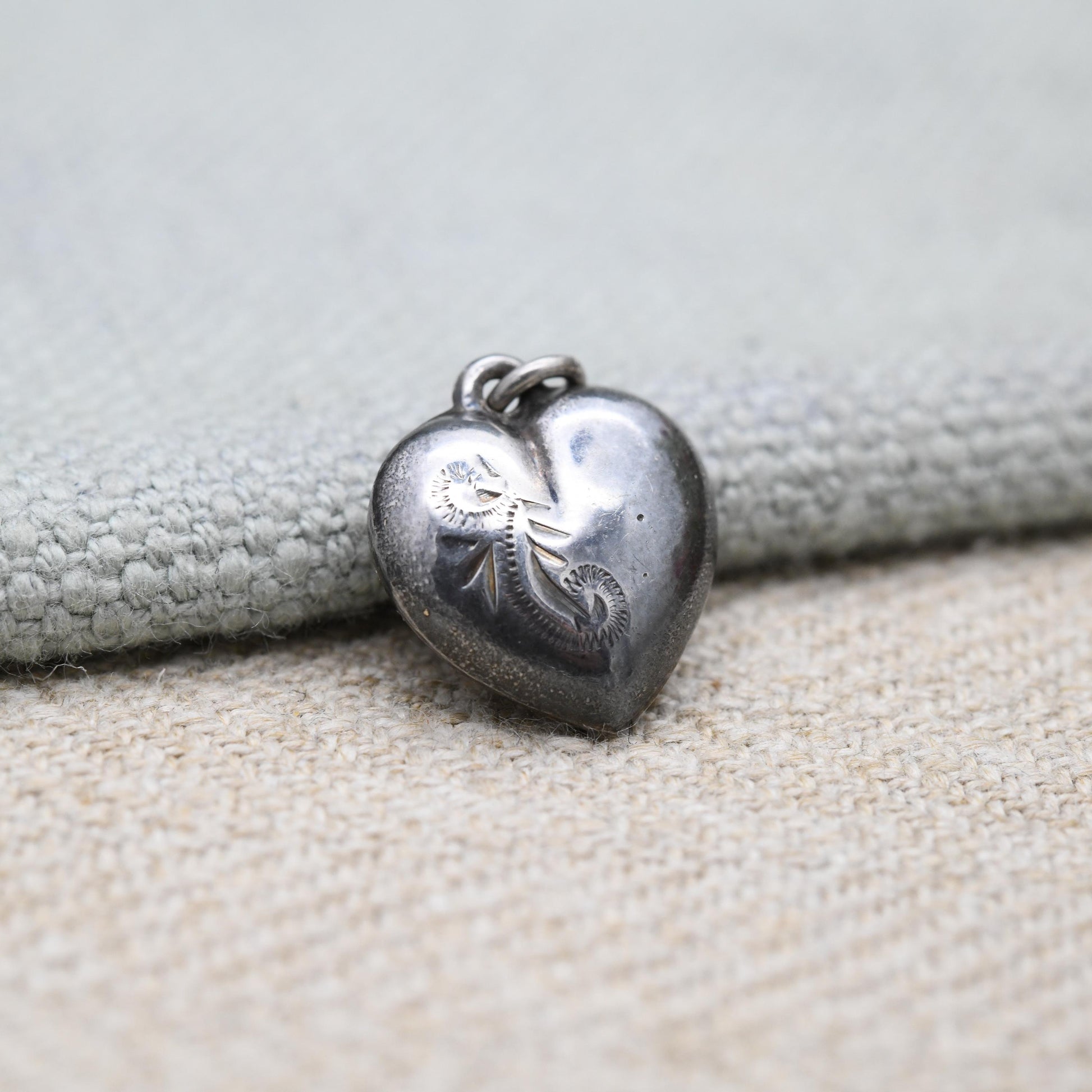 Vintage Sterling Silver Puffed Heart Charm Pendant with Engraved Floral Design - Small Love Heart | Gift for Charm Necklace