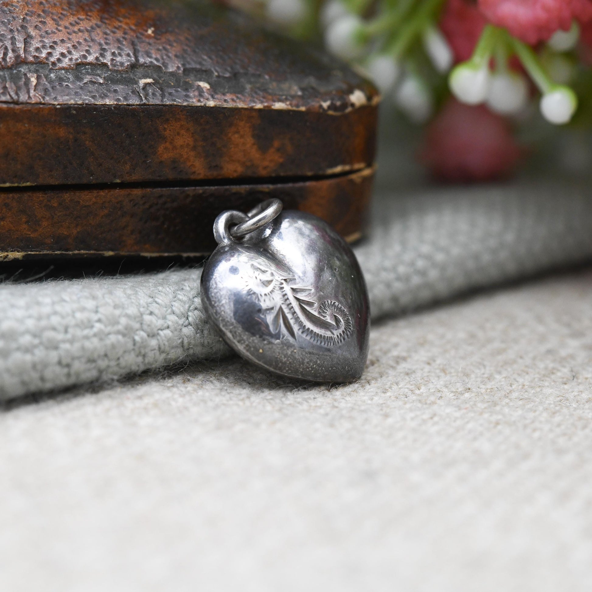 Vintage Sterling Silver Puffed Heart Charm Pendant with Engraved Floral Design - Small Love Heart | Gift for Charm Necklace