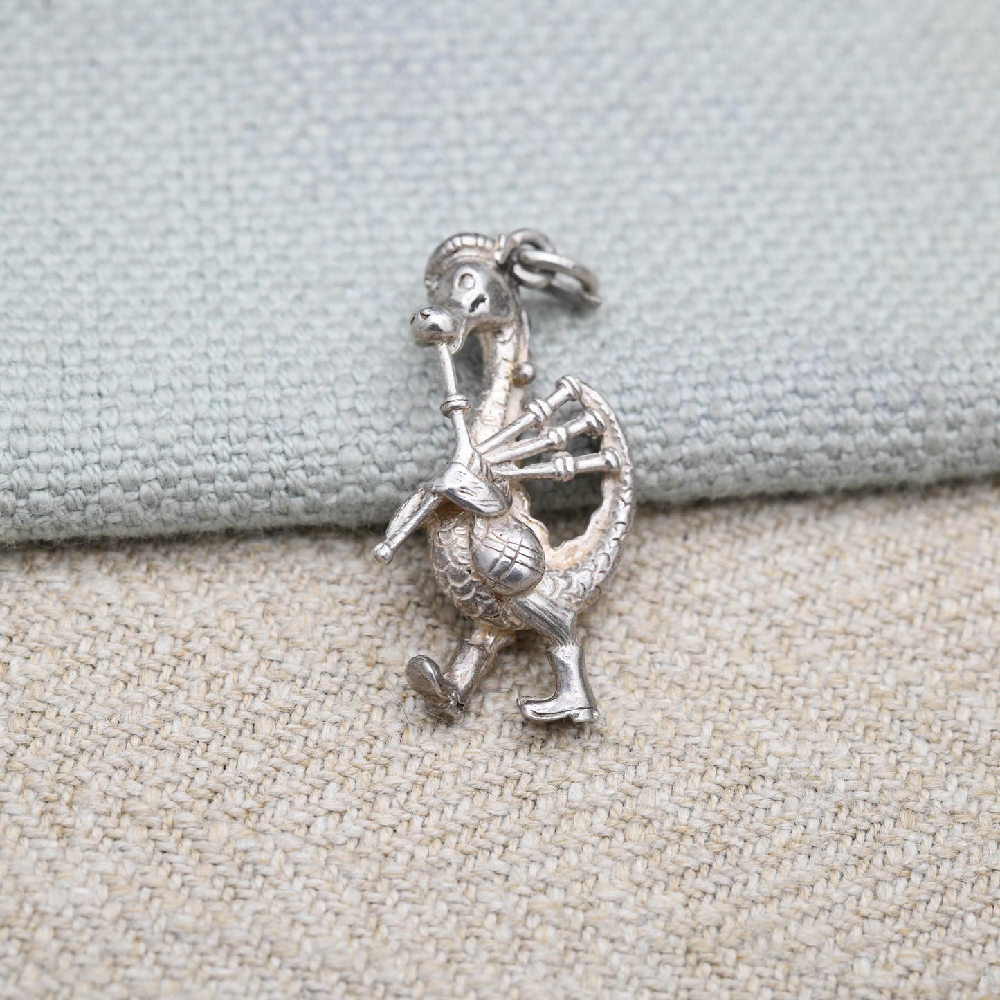 Vintage Sterling Silver Loch Ness Monster Playing the Bagpipes Charm Pendant - Scotland | Highland Music | Souvenir Gift for Charm Bracelet