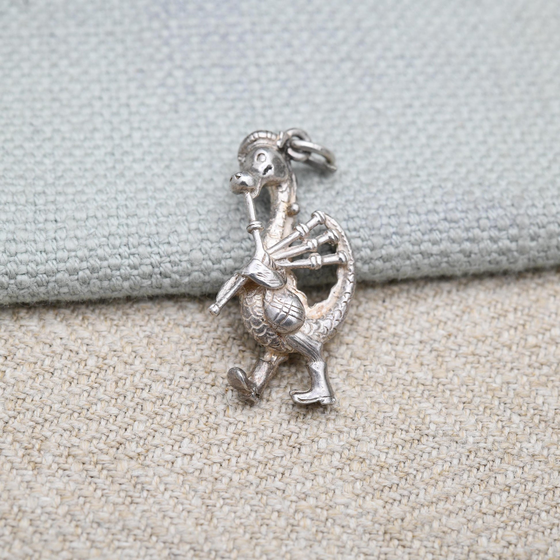 Vintage Sterling Silver Loch Ness Monster Playing the Bagpipes Charm Pendant - Scotland | Highland Music | Souvenir Gift for Charm Bracelet