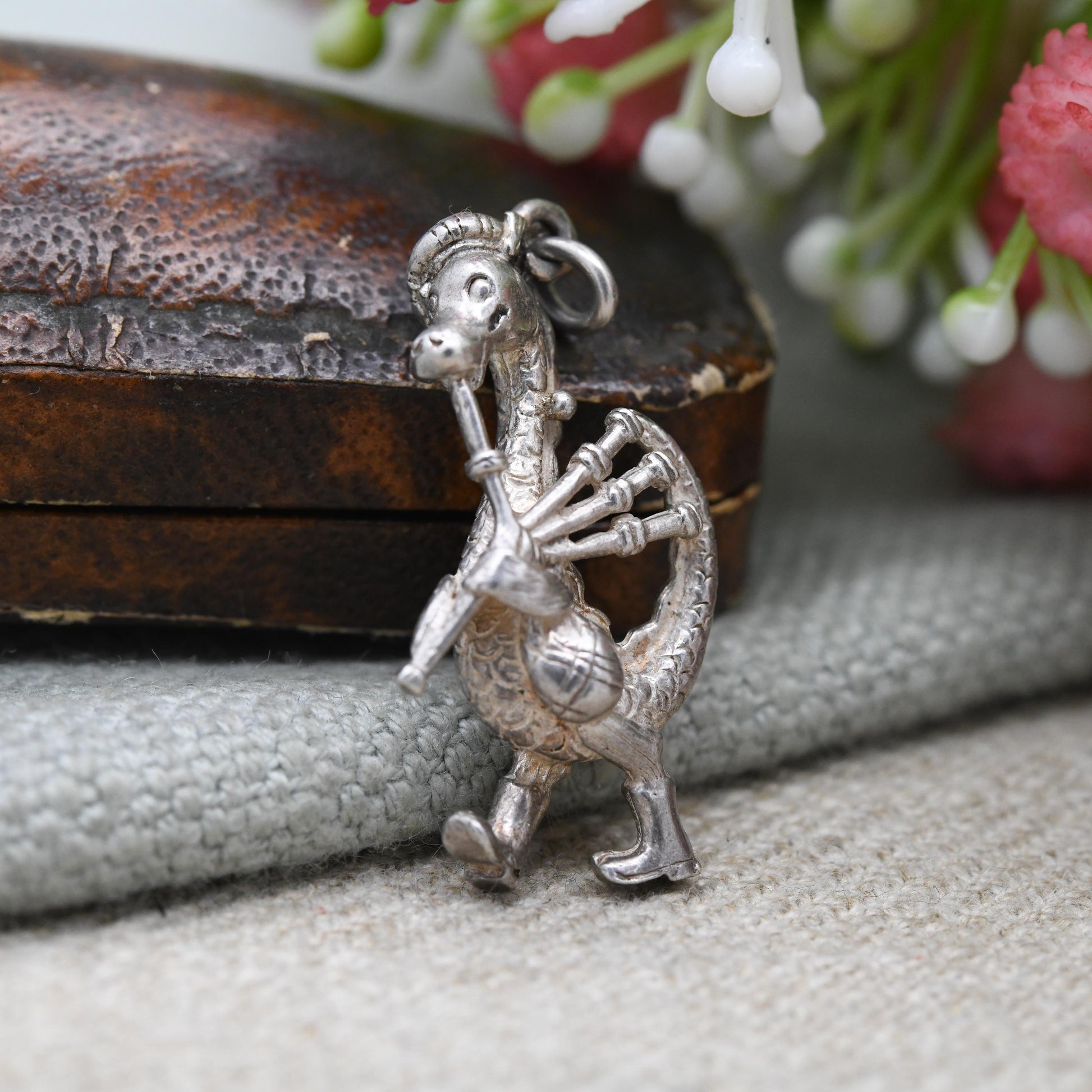 Vintage Sterling Silver Loch Ness Monster Playing the Bagpipes Charm Pendant - Scotland | Highland Music | Souvenir Gift for Charm Bracelet