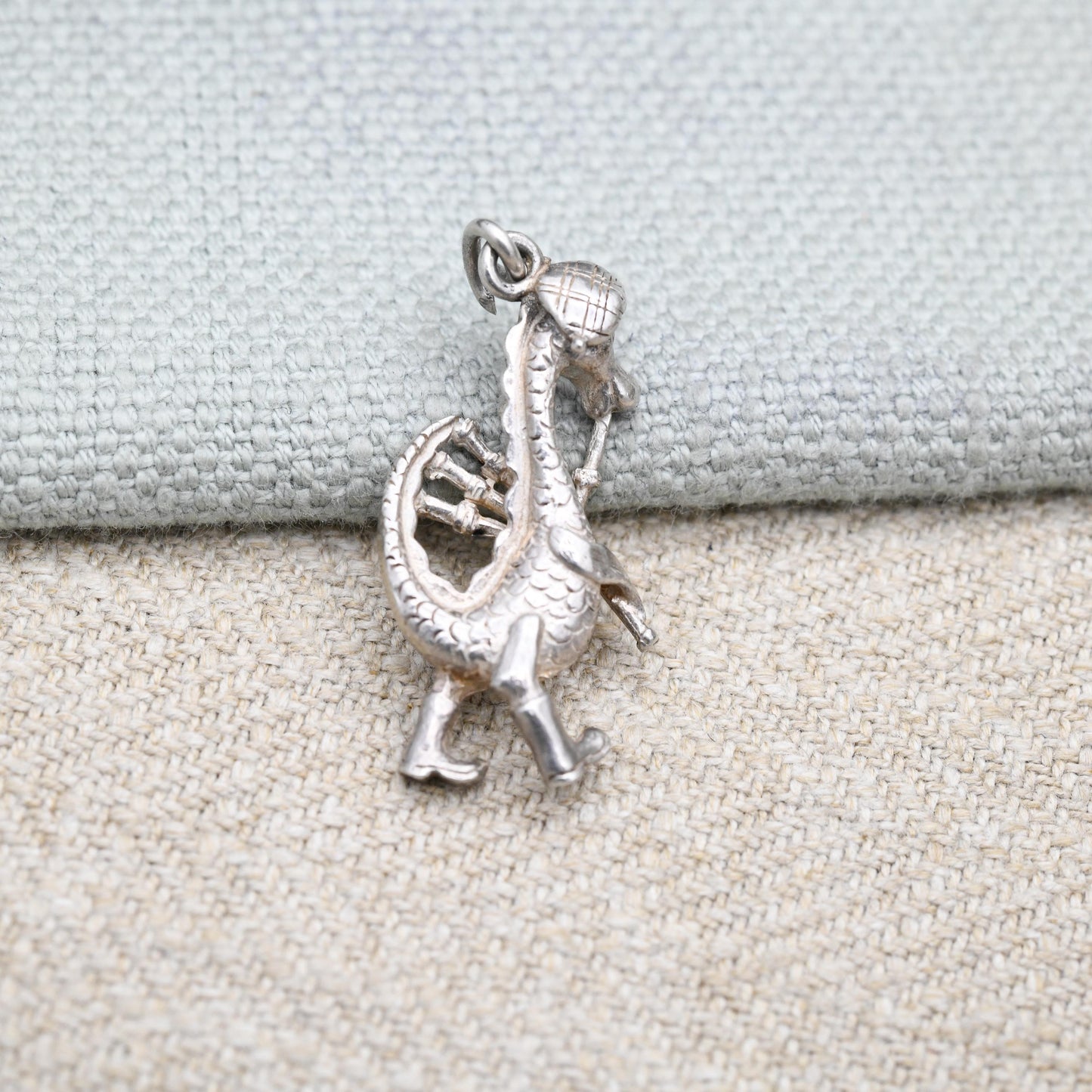 Vintage Sterling Silver Loch Ness Monster Playing the Bagpipes Charm Pendant - Scotland | Highland Music | Souvenir Gift for Charm Bracelet