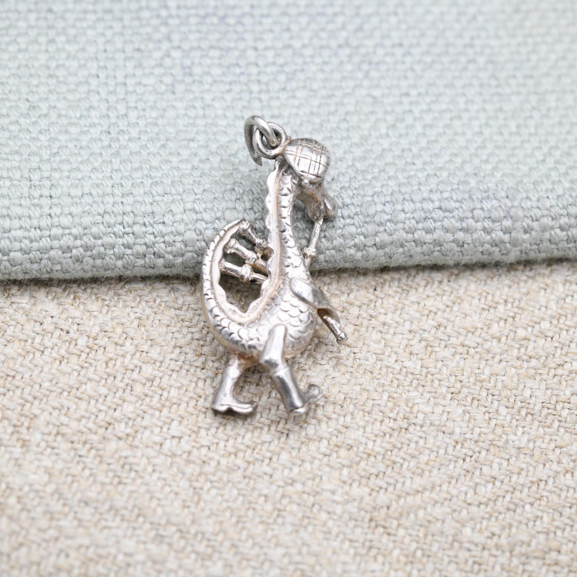 Vintage Sterling Silver Loch Ness Monster Playing the Bagpipes Charm Pendant - Scotland | Highland Music | Souvenir Gift for Charm Bracelet