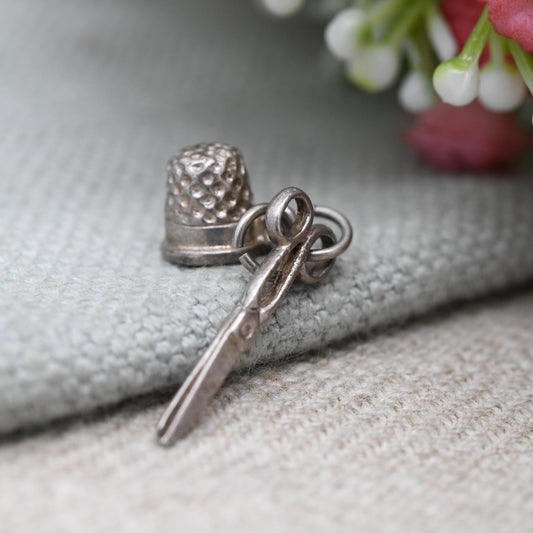 Vintage Sterling Silver Sowing Kit Charm Pendant - Sowing Scissors | Thimble | Gift for Charm Bracelet