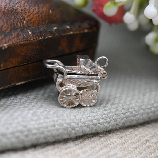 Vintage Nuvo Sterling Silver Pram Charm Opening to Reveal a Baby - Antique Style Pushchair Pendant | Gift for Charm Bracelet Necklace Stack