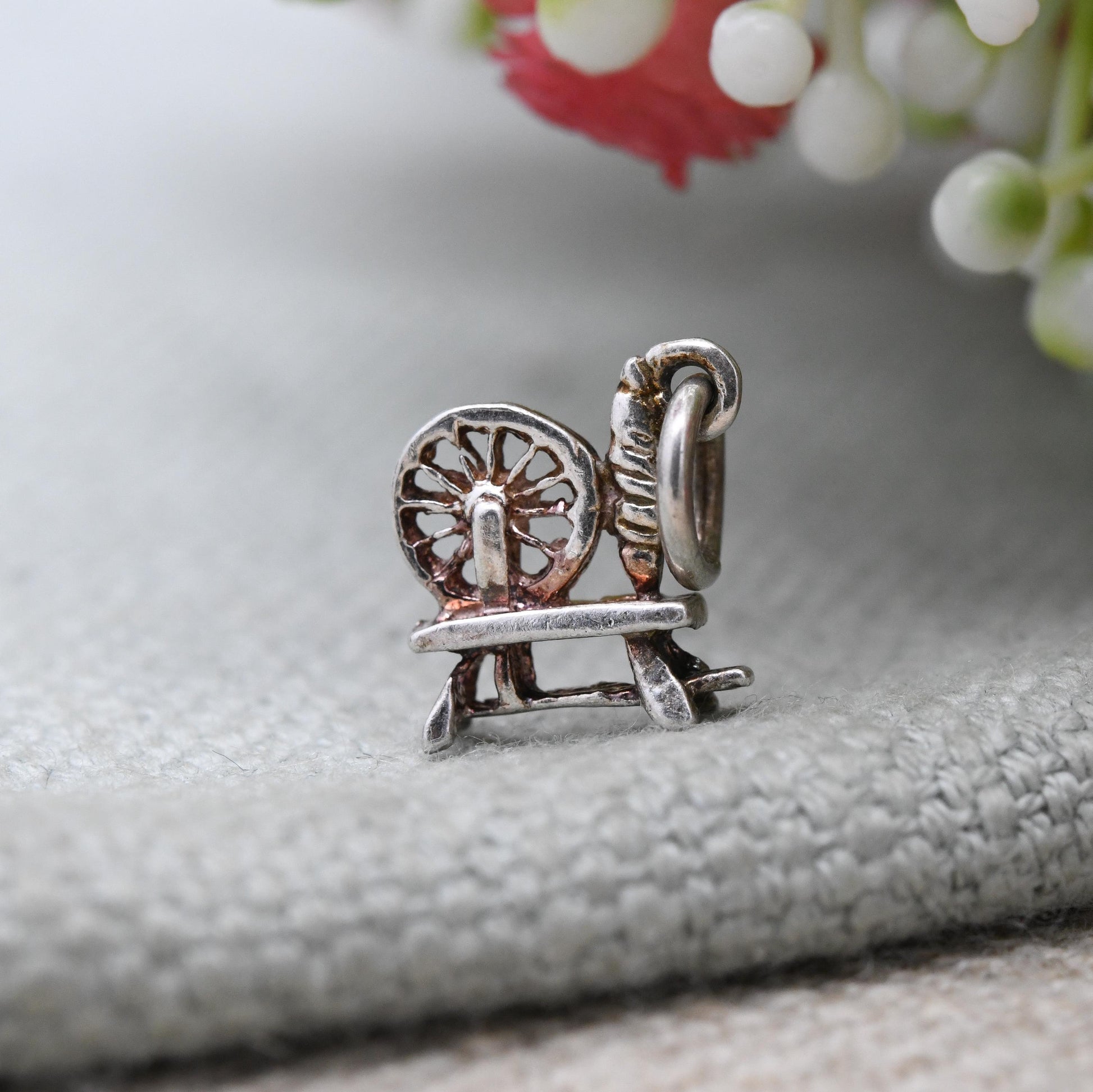 Vintage Sterling Silver Spinning Wheel Charm Pendant - Spindle | Thread & Yarn | Wheel | Charm Bracelet