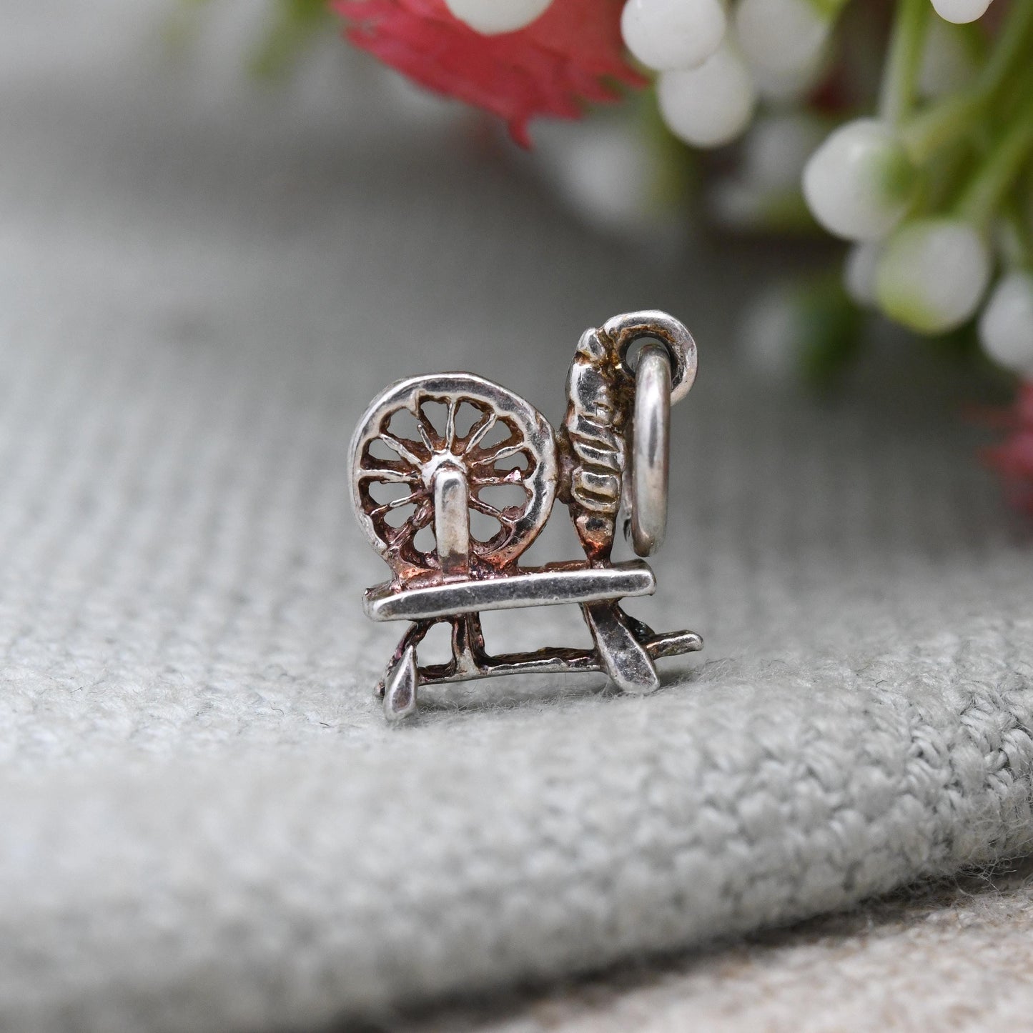 Vintage Sterling Silver Spinning Wheel Charm Pendant - Spindle | Thread & Yarn | Wheel | Charm Bracelet