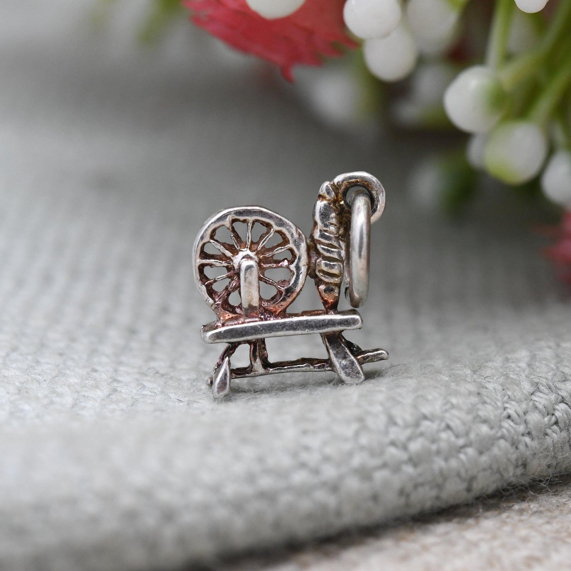 Vintage Sterling Silver Spinning Wheel Charm Pendant - Spindle | Thread & Yarn | Wheel | Charm Bracelet