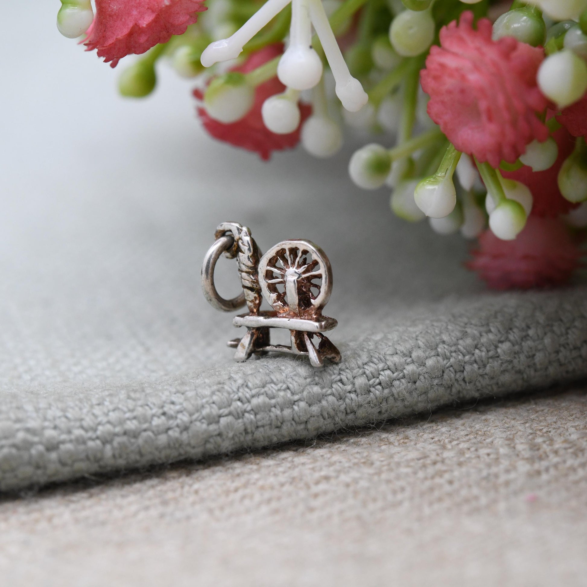 Vintage Sterling Silver Spinning Wheel Charm Pendant - Spindle | Thread & Yarn | Wheel | Charm Bracelet
