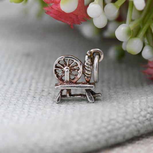 Vintage Sterling Silver Spinning Wheel Charm Pendant - Spindle | Thread & Yarn | Wheel | Charm Bracelet