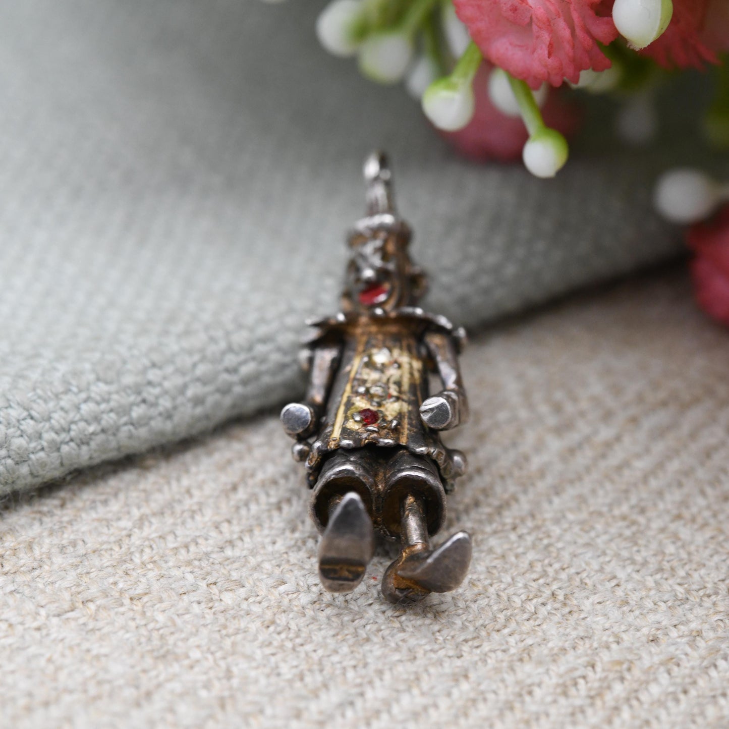 Vintage Sterling Silver Articulated Clown Pendant with Gem Buttons - Colourful Man Fun Clown Moving Arms and Legs | Unusual Silver Jewellery