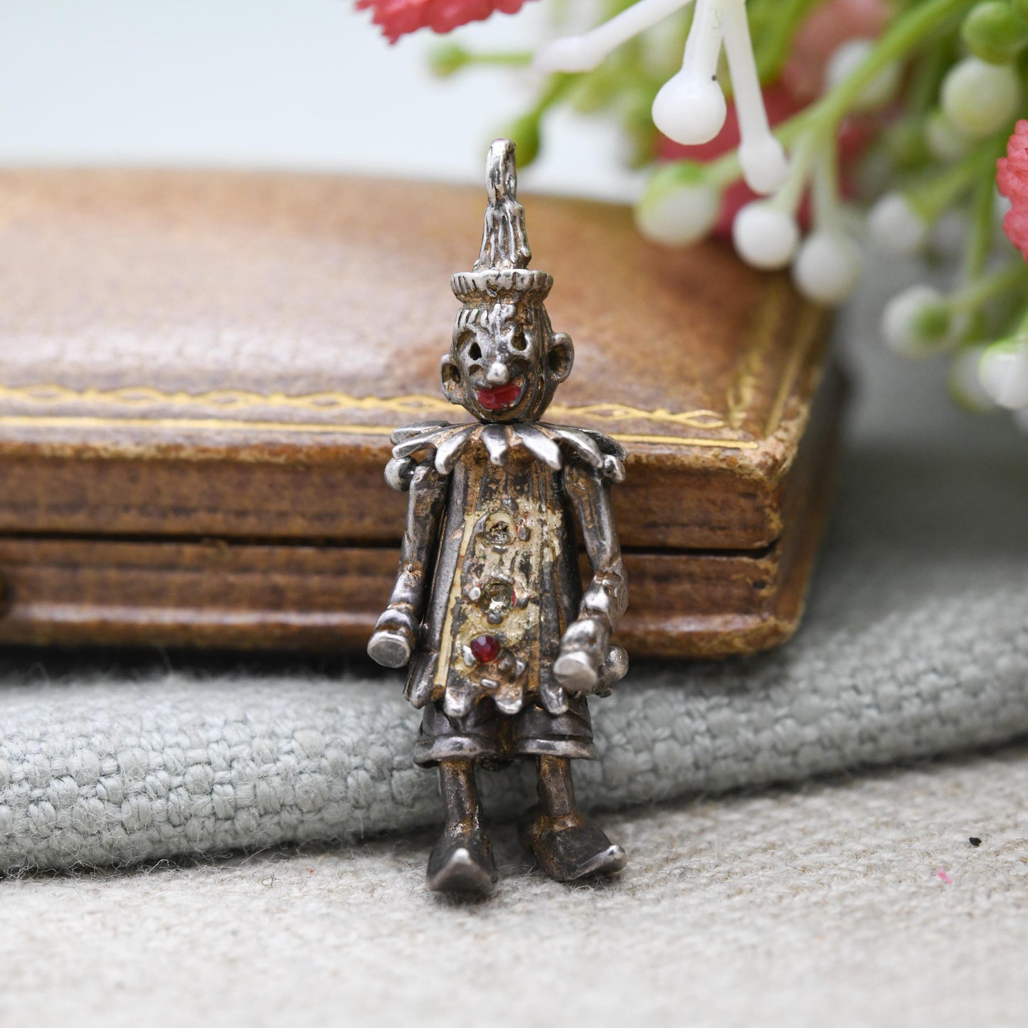 Vintage Sterling Silver Articulated Clown Pendant with Gem Buttons - Colourful Man Fun Clown Moving Arms and Legs | Unusual Silver Jewellery