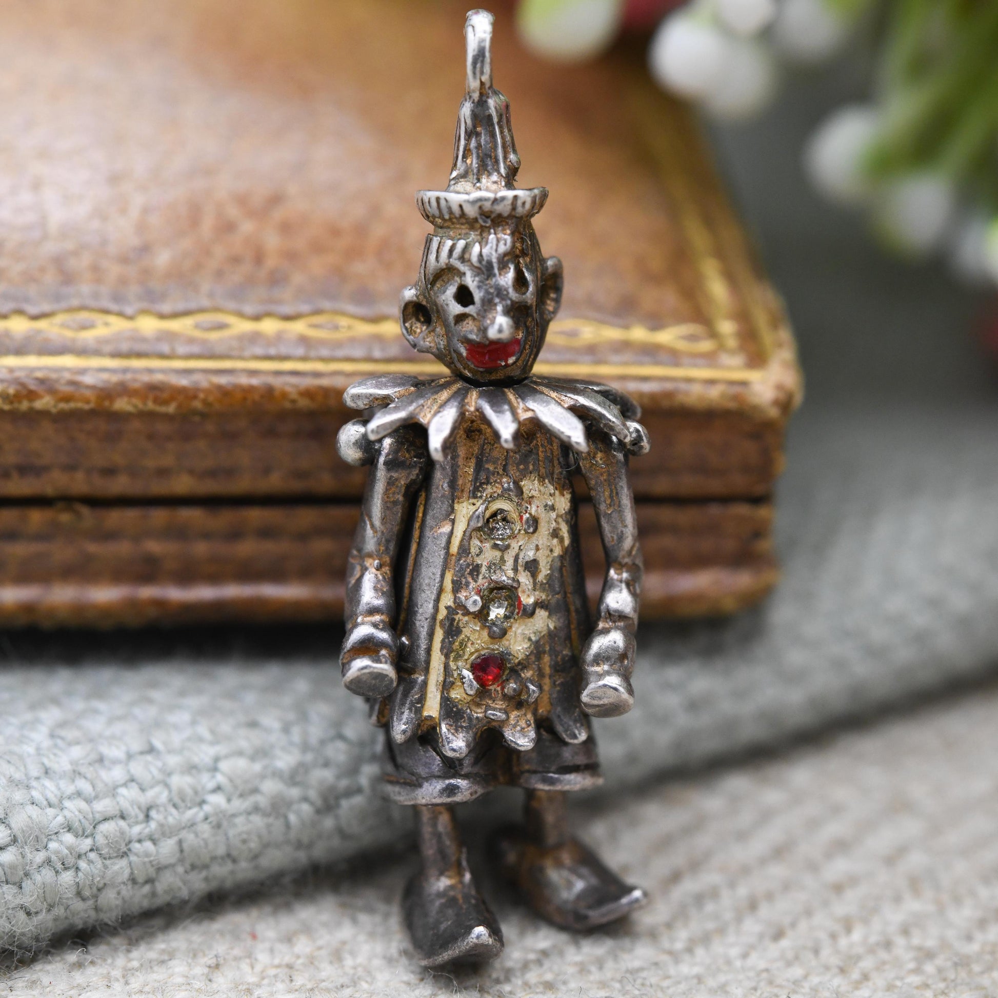 Vintage Sterling Silver Articulated Clown Pendant with Gem Buttons - Colourful Man Fun Clown Moving Arms and Legs | Unusual Silver Jewellery
