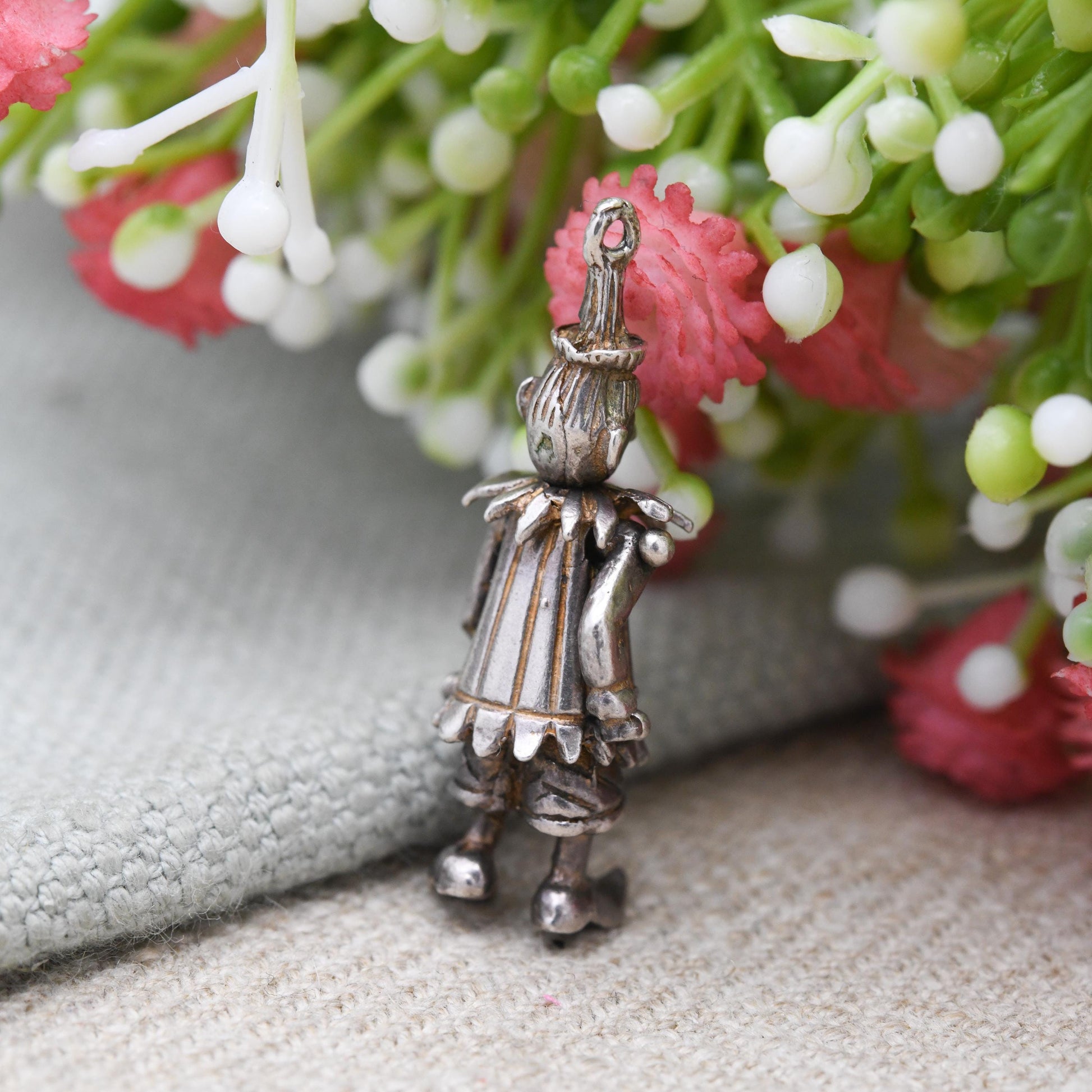 Vintage Sterling Silver Articulated Clown Pendant with Gem Buttons - Colourful Man Fun Clown Moving Arms and Legs | Unusual Silver Jewellery