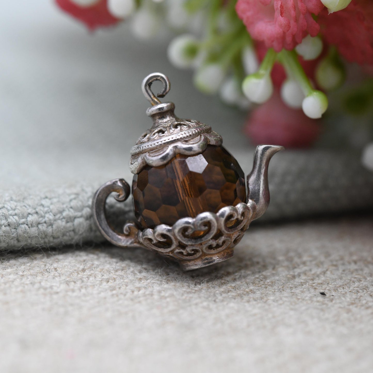 Vintage Nuvo Sterling Silver Teapot Charm Pendant - Large and Ornate with Love Heart Decorations | Gift for Charm Bracelet
