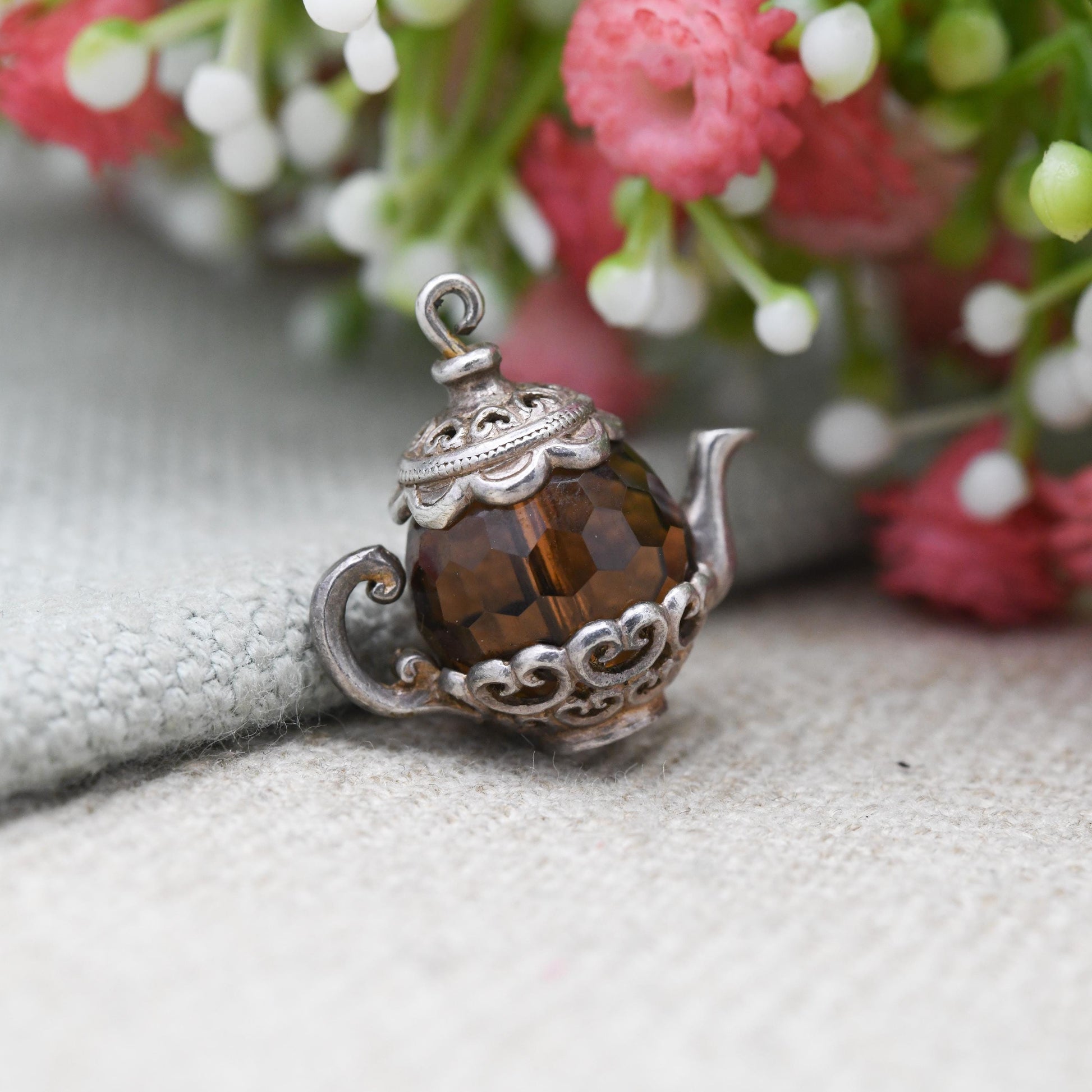 Vintage Nuvo Sterling Silver Teapot Charm Pendant - Large and Ornate with Love Heart Decorations | Gift for Charm Bracelet