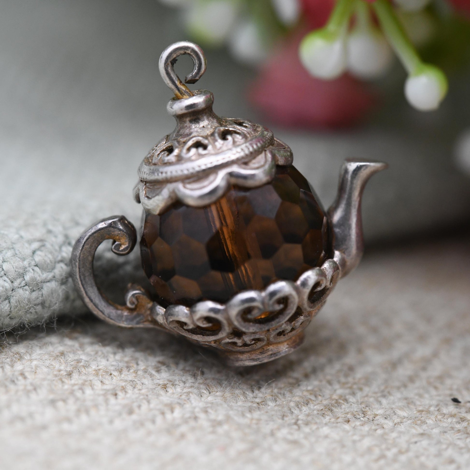 Vintage Nuvo Sterling Silver Teapot Charm Pendant - Large and Ornate with Love Heart Decorations | Gift for Charm Bracelet