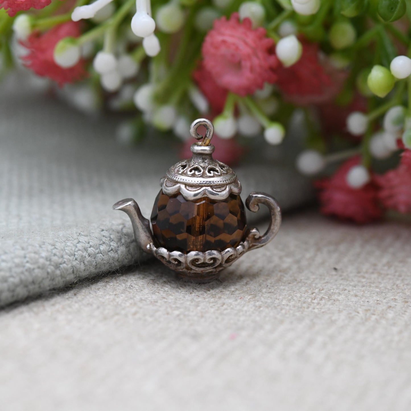 Vintage Nuvo Sterling Silver Teapot Charm Pendant - Large and Ornate with Love Heart Decorations | Gift for Charm Bracelet