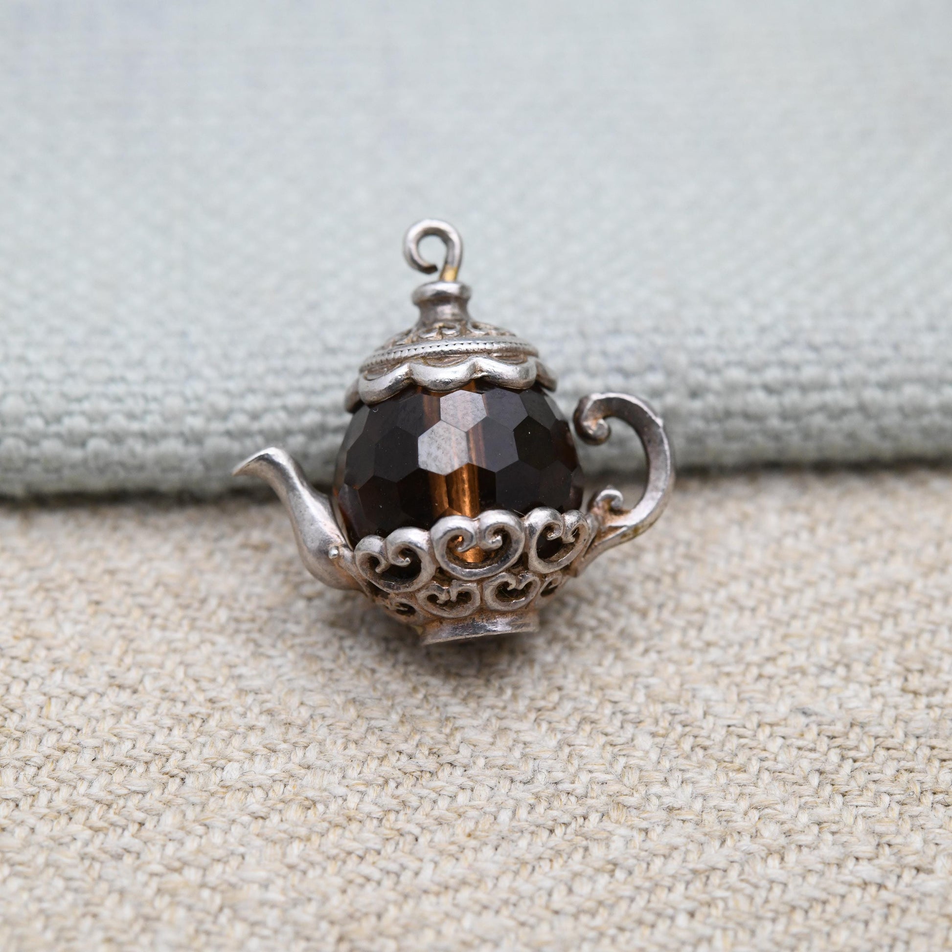Vintage Nuvo Sterling Silver Teapot Charm Pendant - Large and Ornate with Love Heart Decorations | Gift for Charm Bracelet