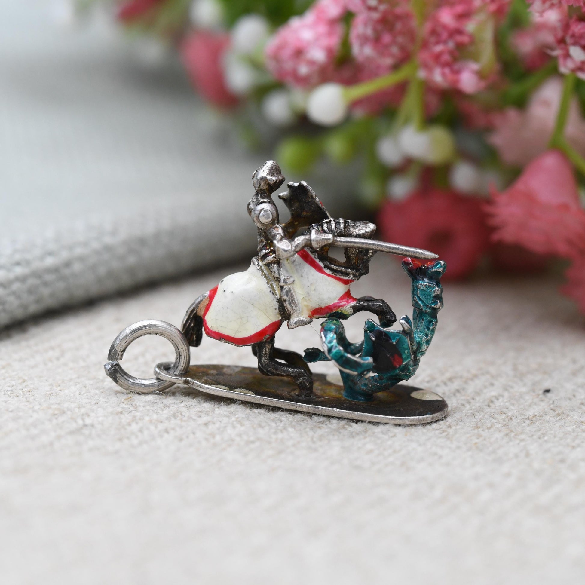 RARE Vintage Sterling Silver & Enamel St George and the Dragon Charm Pendant - England | Adjustable Arm | Souvenir Gift for Charm Bracelet