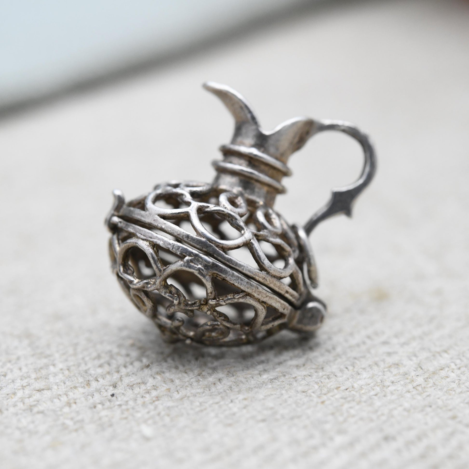 Vintage Sterling Silver Opening Jug Charm Pendant - Decanter | Ornate Cut Out Design | Gift for Charm Bracelet