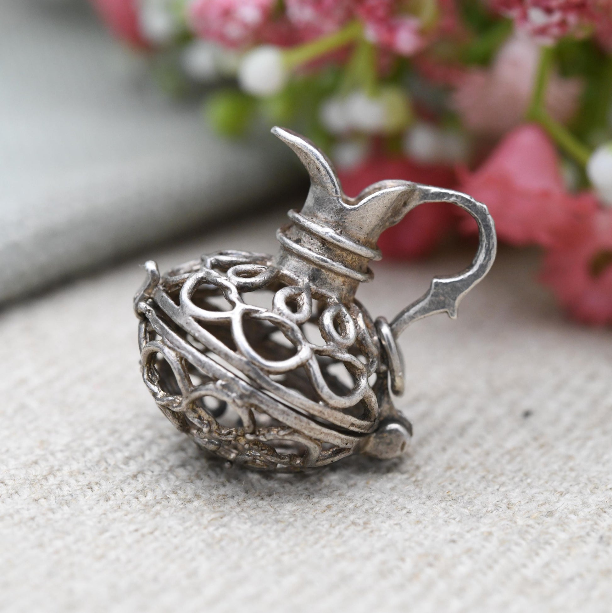 Vintage Sterling Silver Opening Jug Charm Pendant - Decanter | Ornate Cut Out Design | Gift for Charm Bracelet