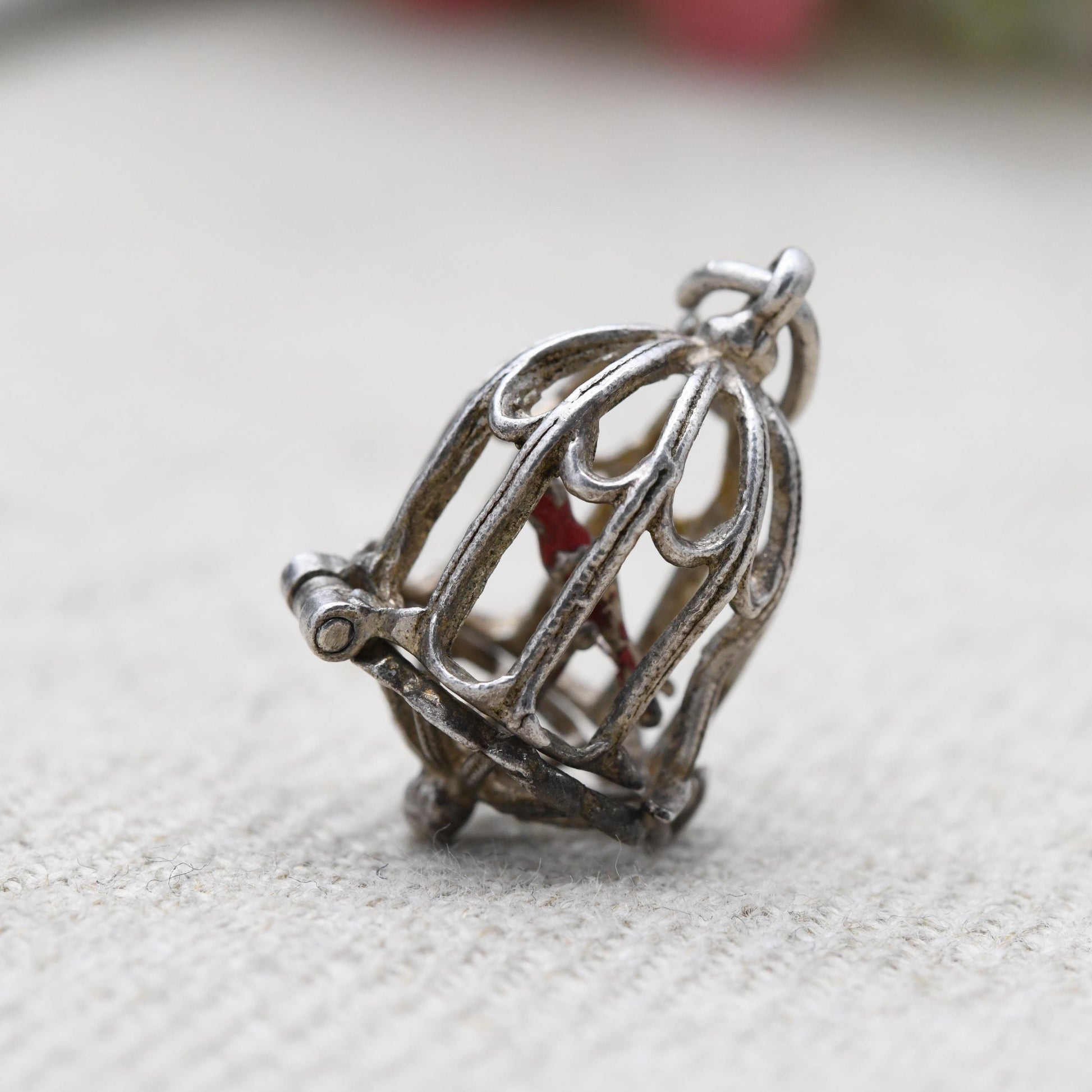 Vintage Sterling Silver & Enamel Opening Caged Bird Charm Pendant - Ornate Bird Cage | Red Bird of Paradise | Gift for Charm Bracelet