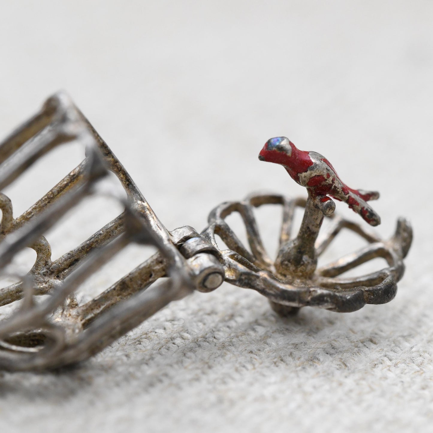 Vintage Sterling Silver & Enamel Opening Caged Bird Charm Pendant - Ornate Bird Cage | Red Bird of Paradise | Gift for Charm Bracelet