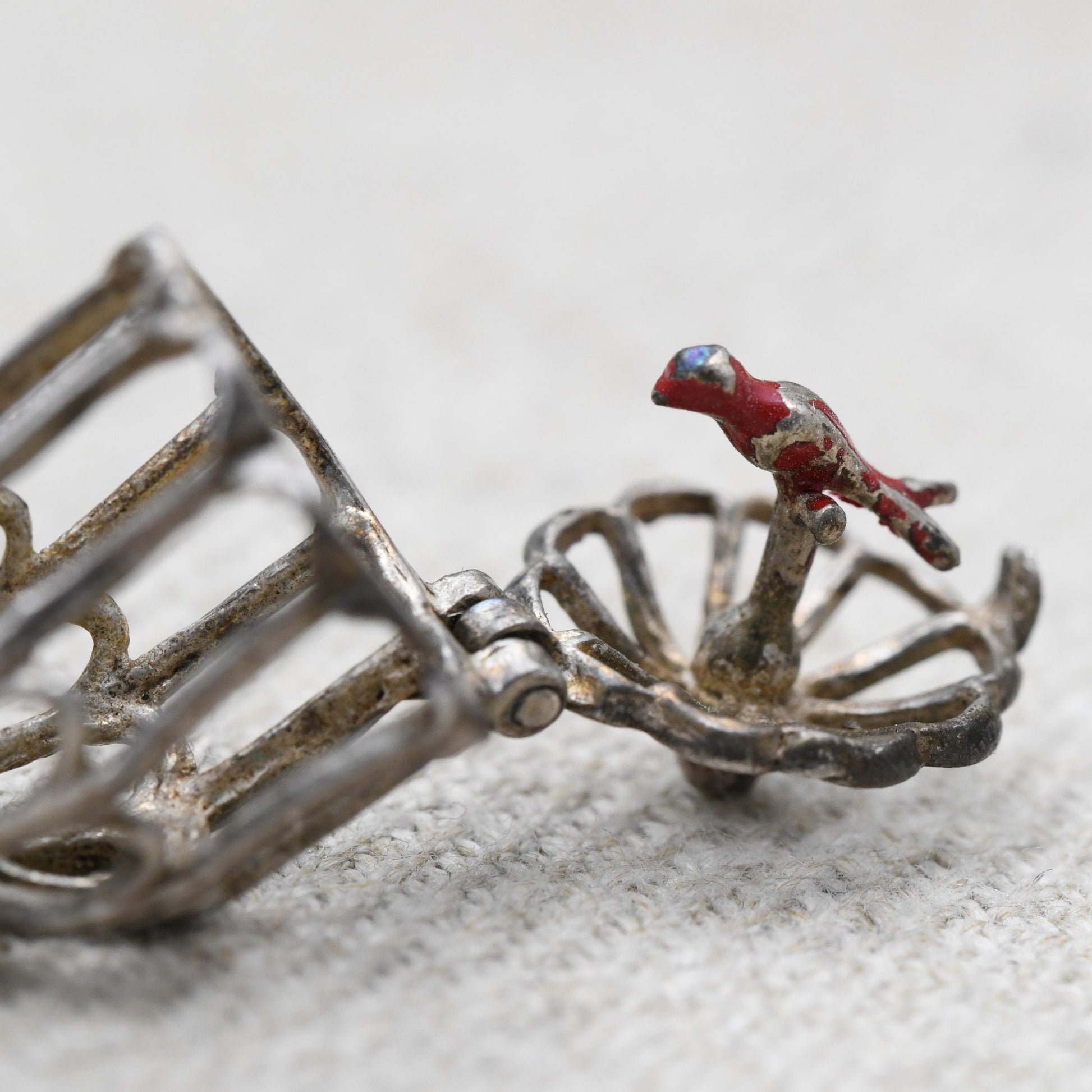 Vintage Sterling Silver & Enamel Opening Caged Bird Charm Pendant - Ornate Bird Cage | Red Bird of Paradise | Gift for Charm Bracelet