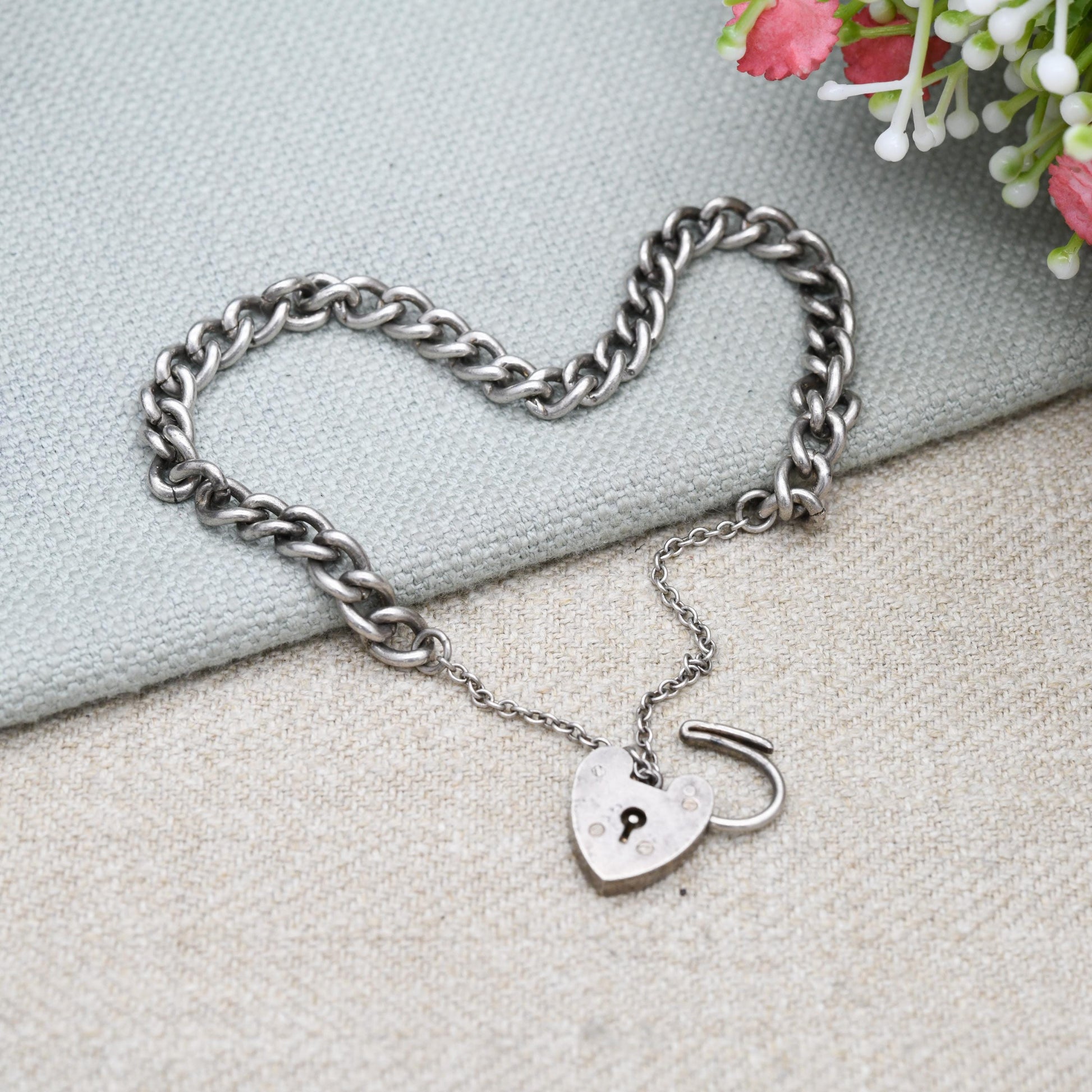 Vintage Sterling Silver Heart Padlock Clasp Chain Bracelet - Chunky Curb Links with Safety Chain | UK Hallmarks