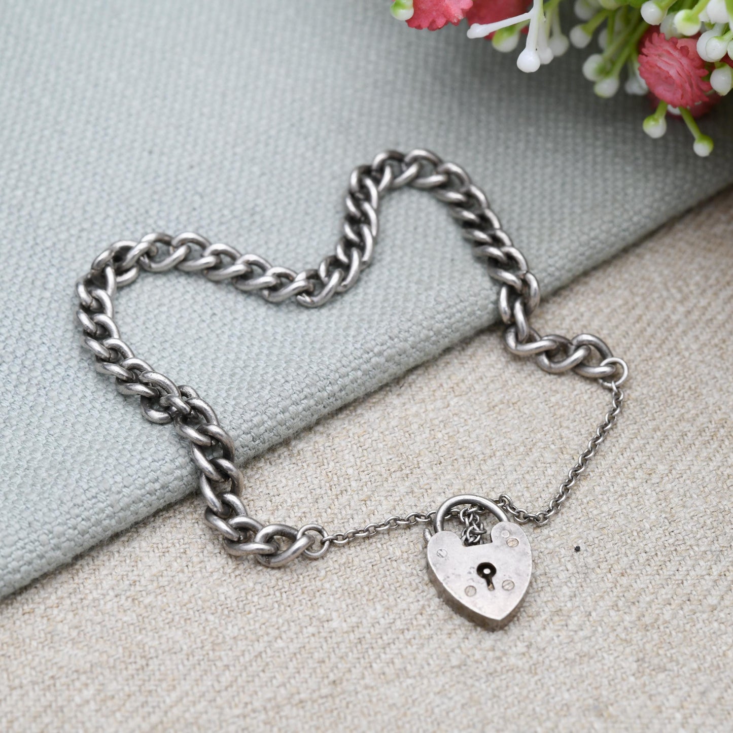 Vintage Sterling Silver Heart Padlock Clasp Chain Bracelet - Chunky Curb Links with Safety Chain | UK Hallmarks