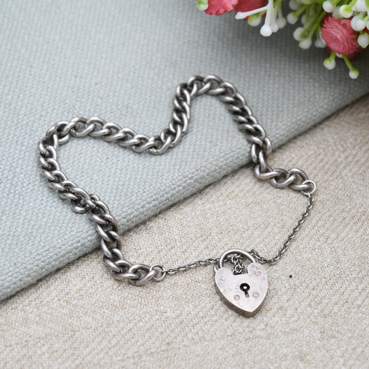 Vintage Sterling Silver Heart Padlock Clasp Chain Bracelet - Chunky Curb Links with Safety Chain | UK Hallmarks