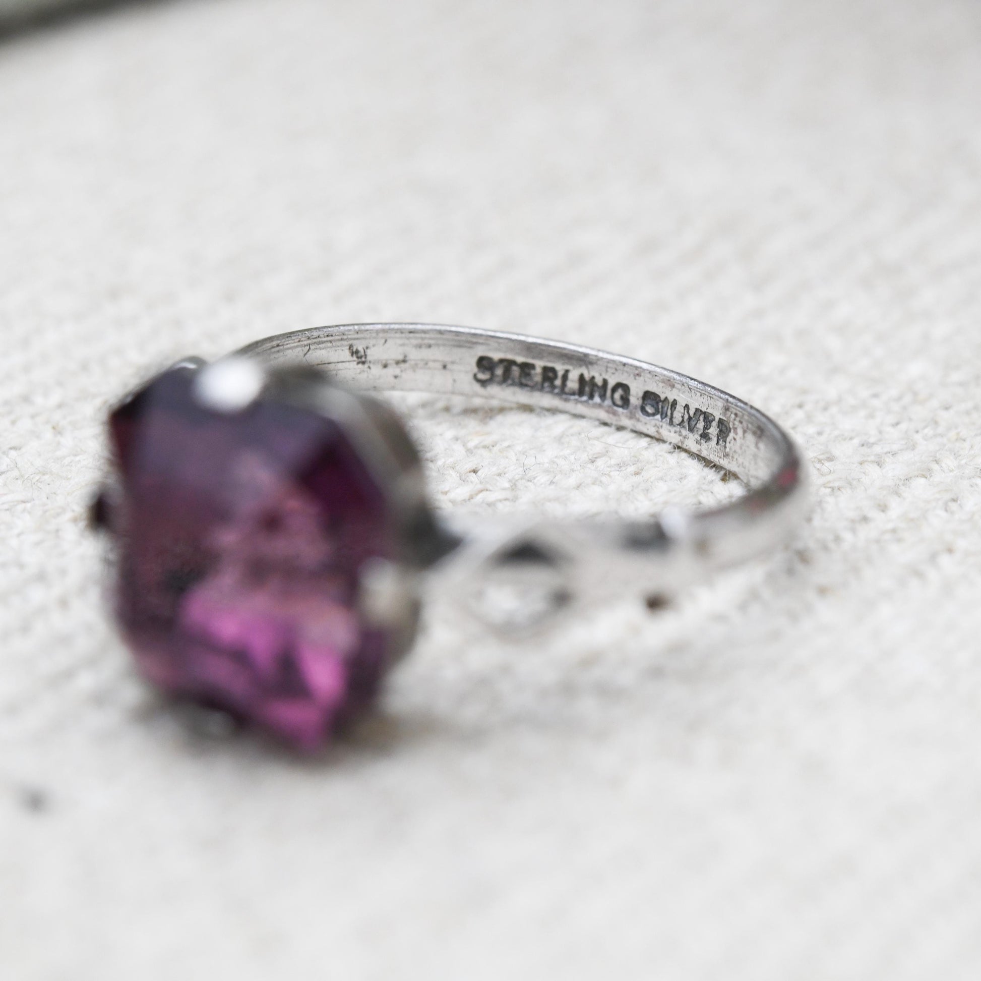 Art Deco Sterling Silver Purple Stone Ring - True Vintage Statement Ring | Large Glass Stone | UK Size - N | US Size - 7
