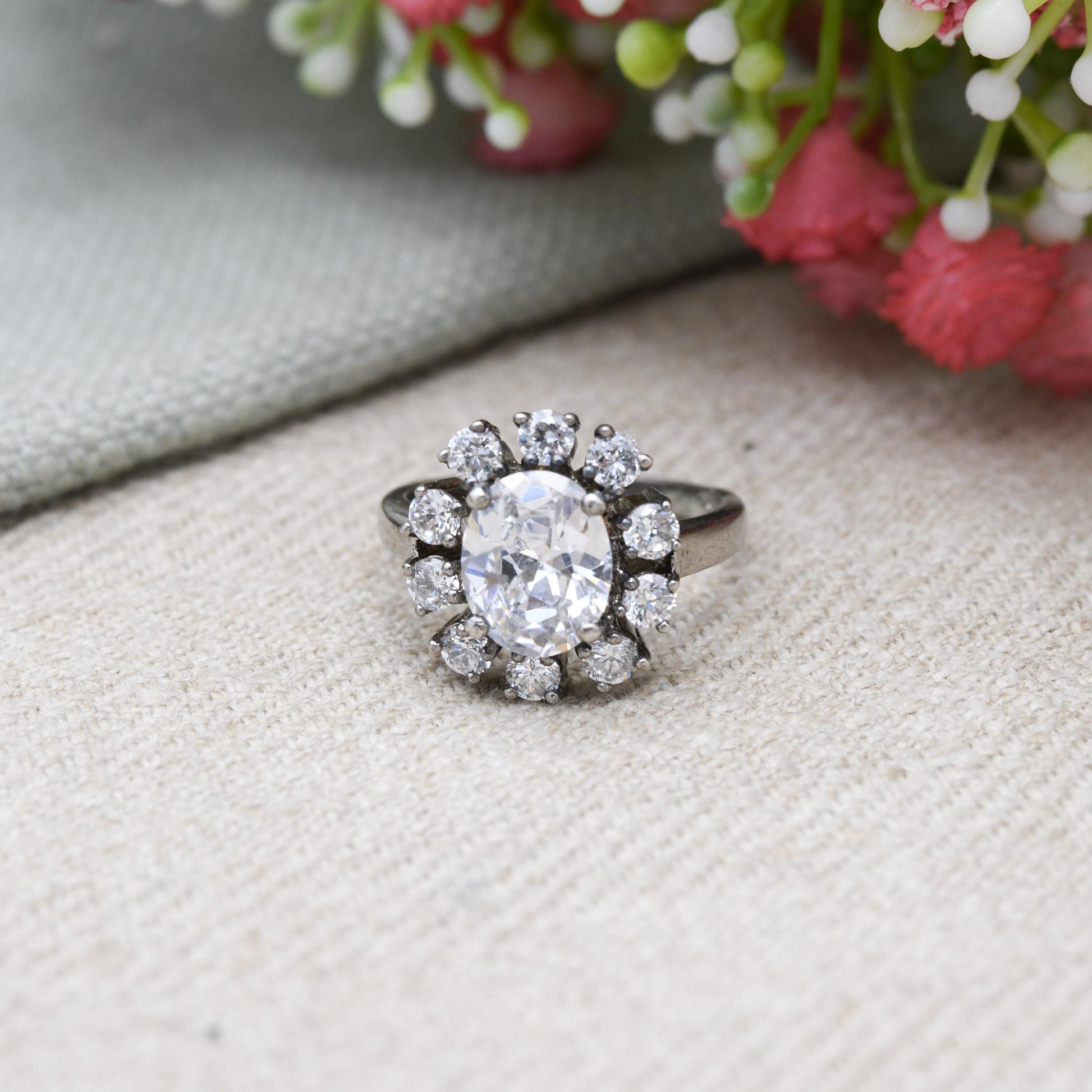 Sterling Silver Cubic Zirconia Cluster Ring - Large White Stones | CZ Chunky Ring | Placeholder Ring | UK Size - O 1/2 | US Size - 7 3/4