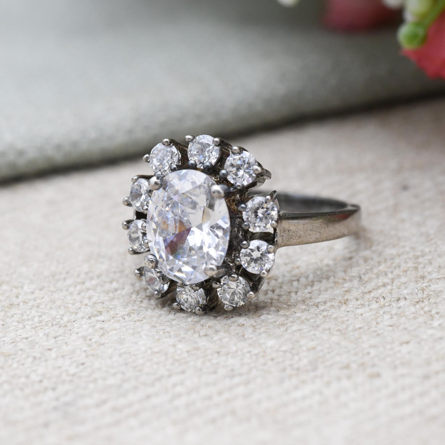 Sterling Silver Cubic Zirconia Cluster Ring - Large White Stones | CZ Chunky Ring | Placeholder Ring | UK Size - O 1/2 | US Size - 7 3/4