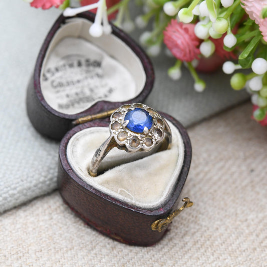 Vintage Sterling Silver Blue Stone Cluster Flower Ring - Statement Sparkly Cocktail Ring | UK Size - O 1/2 | US Size - 8 3/4