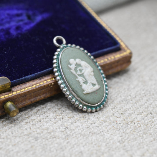 Vintage Wedgwood Sterling Silver Medea Green Jasperware Pendant 1970s - Oval Classical Cameo | Gift for Pendant Necklace