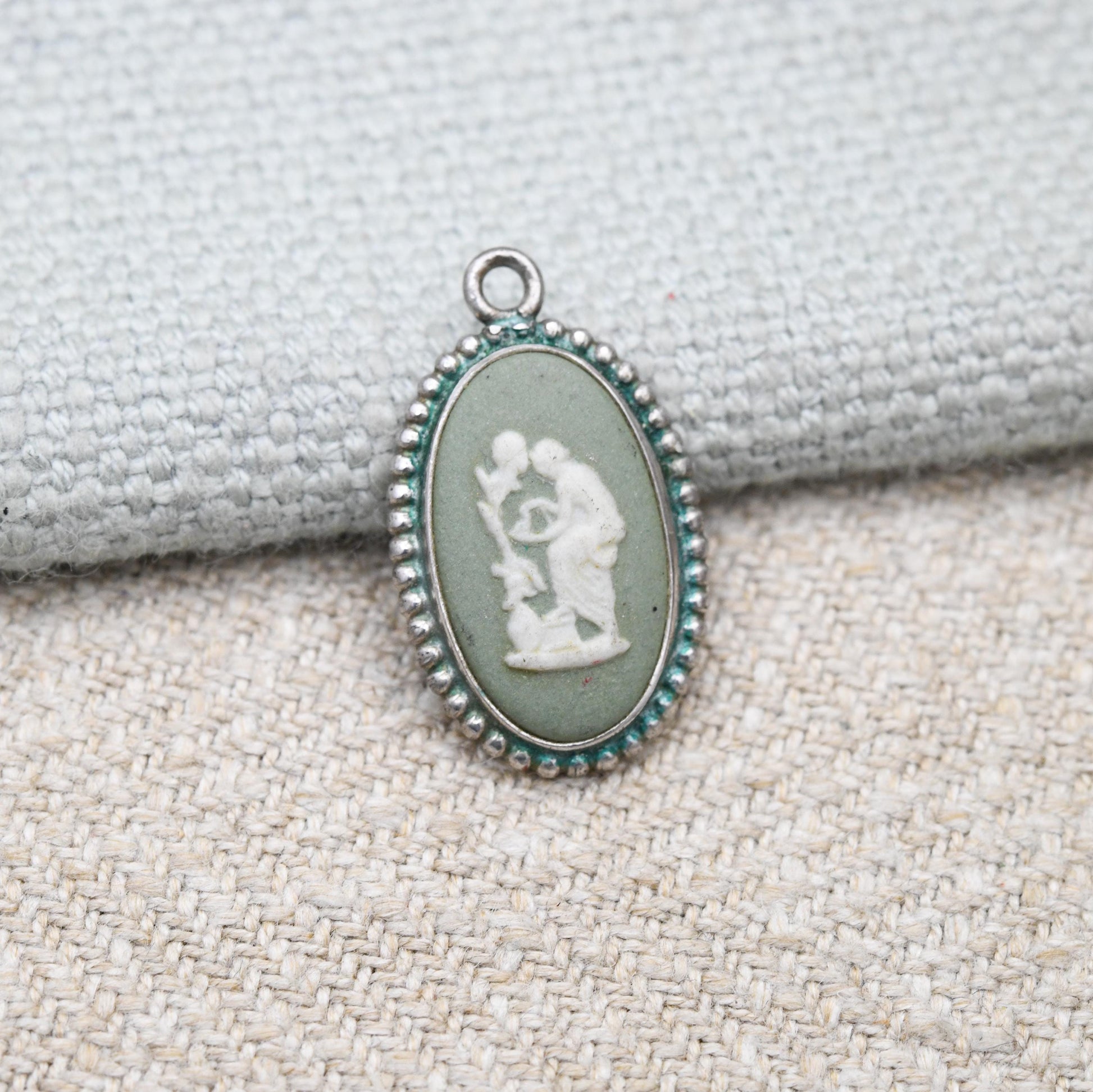 Vintage Wedgwood Sterling Silver Medea Green Jasperware Pendant 1970s - Oval Classical Cameo | Gift for Pendant Necklace