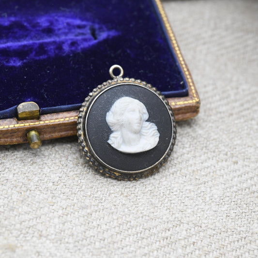 Vintage Wedgwood Sterling Silver Figure on Black Jasperware Pendant 1970s - | Circular Classical Cameo