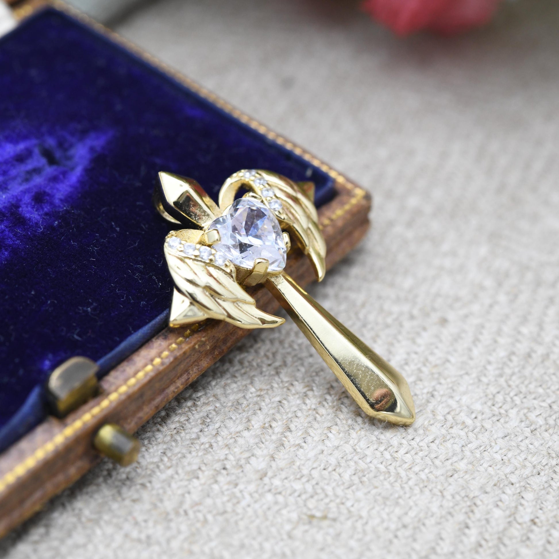 Vintage Gold Plated Sterling Silver Cross Pendant with Clear Love Heart CZ Stone - Religious Gift | Present | Christian Charm for Necklace