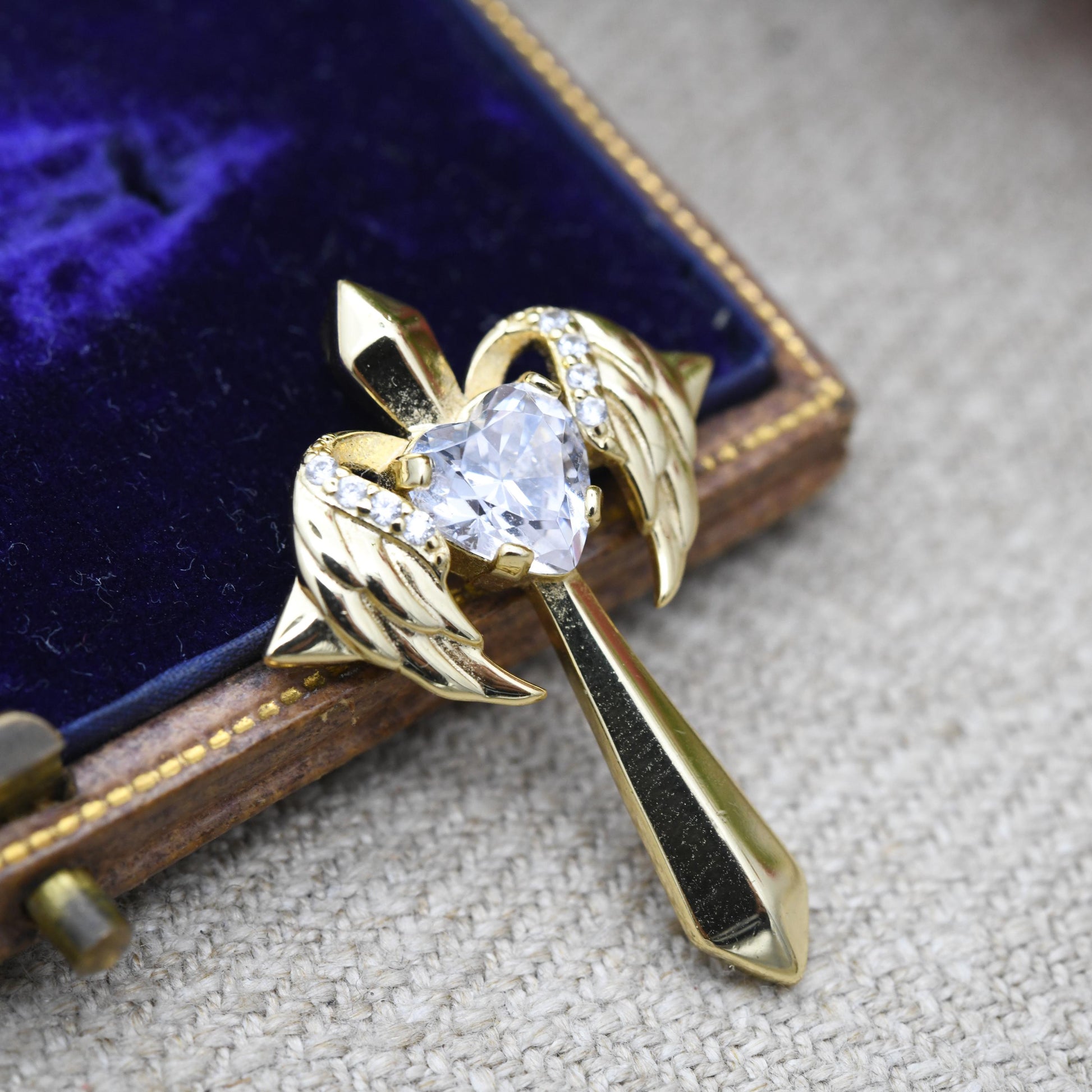 Vintage Gold Plated Sterling Silver Cross Pendant with Clear Love Heart CZ Stone - Religious Gift | Present | Christian Charm for Necklace