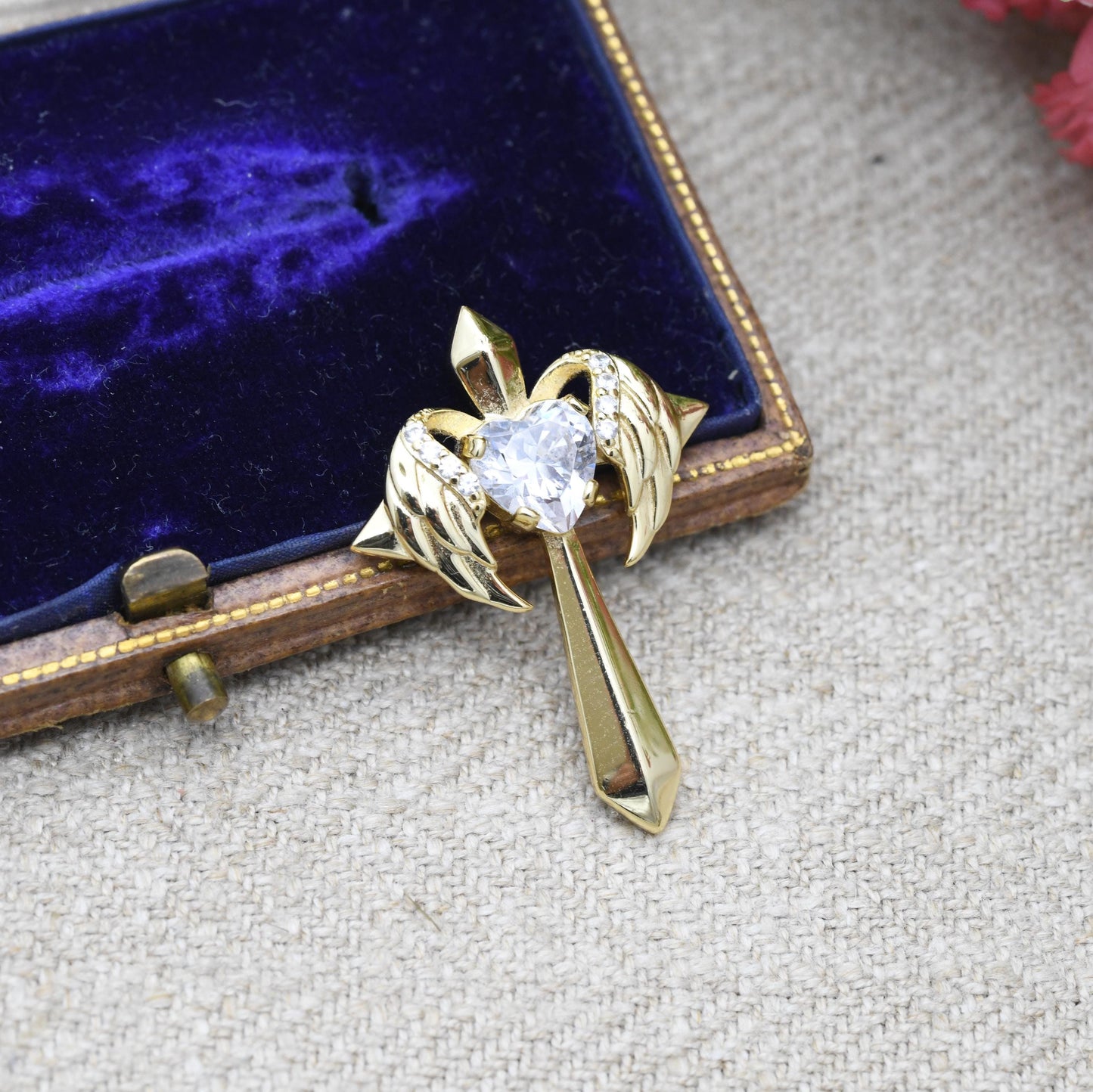 Vintage Gold Plated Sterling Silver Cross Pendant with Clear Love Heart CZ Stone - Religious Gift | Present | Christian Charm for Necklace