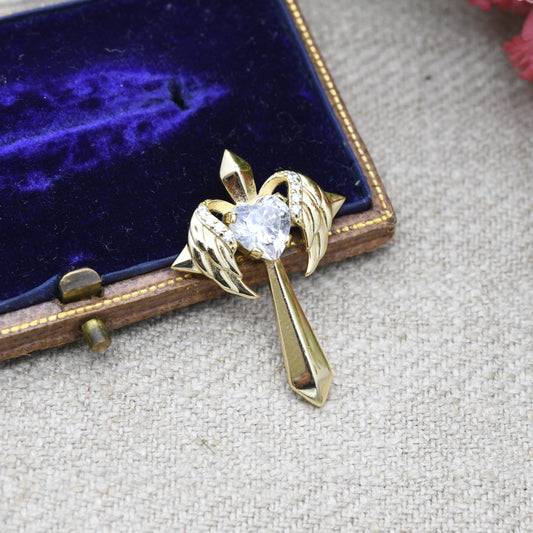 Vintage Gold Plated Sterling Silver Cross Pendant with Clear Love Heart CZ Stone - Religious Gift | Present | Christian Charm for Necklace