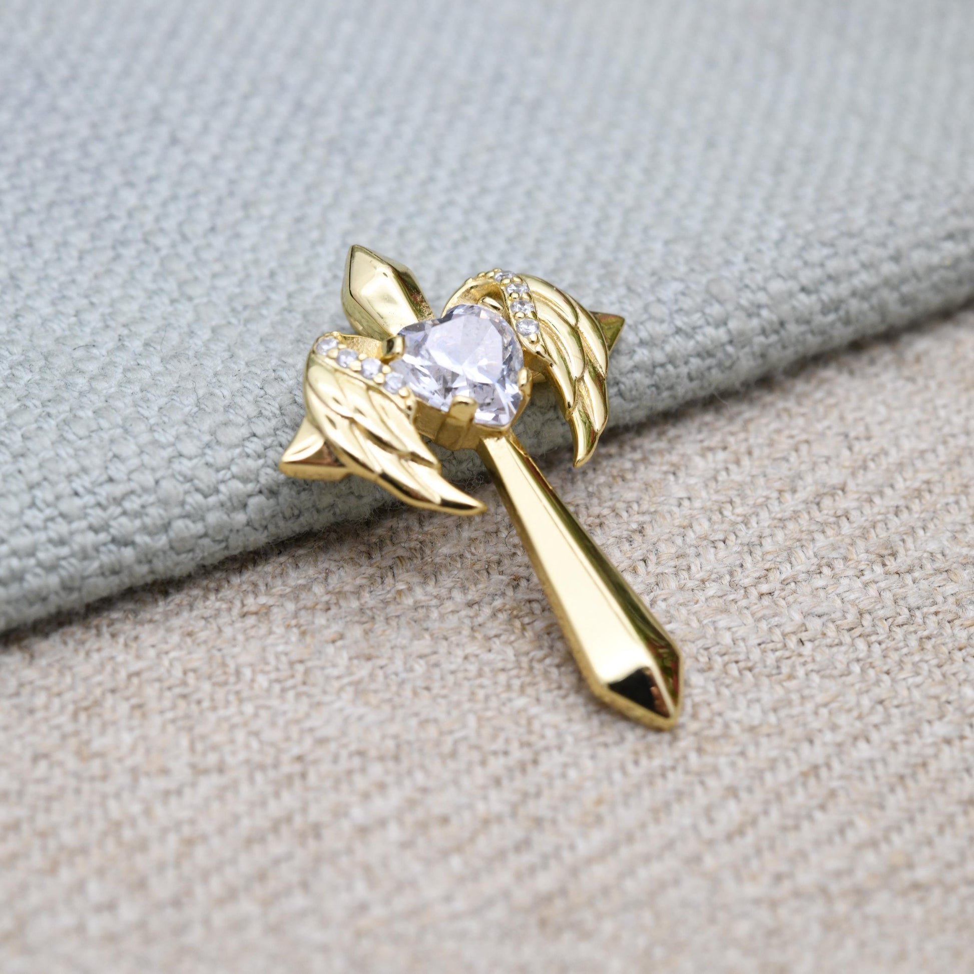 Vintage Gold Plated Sterling Silver Cross Pendant with Clear Love Heart CZ Stone - Religious Gift | Present | Christian Charm for Necklace